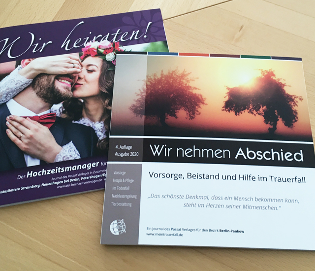 Publikationen für den Passat Verlag, die Broschüren "Wir nehmen Abschied" und "Wir heiraten"